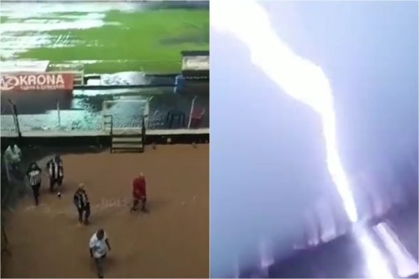Imagem colorida: duas fotos mostram momento em que raio cai em estádio de futebol - Metrópoles