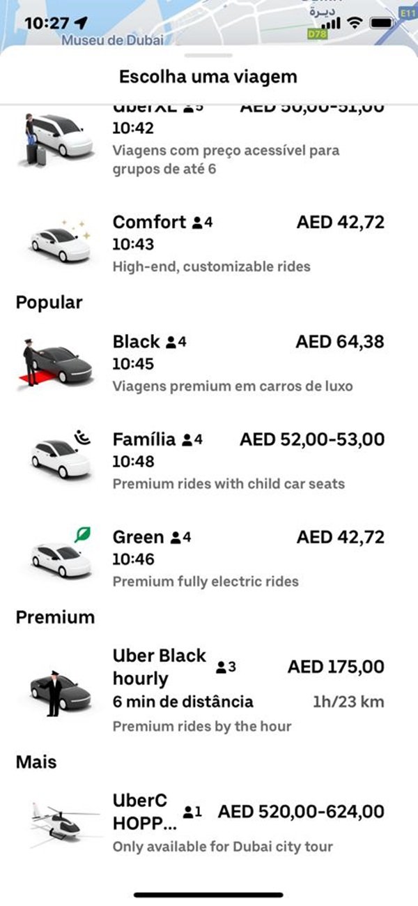 Print do aplicativo Uber em Dubai