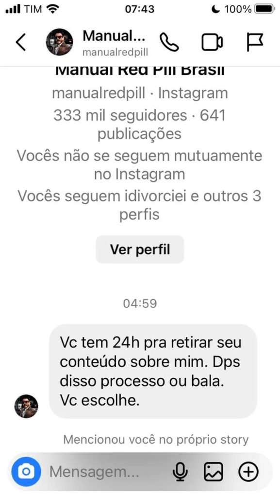 Imagem da ameaça feita por Thiago Schutz a Lívia La Gatto - Metrópoles