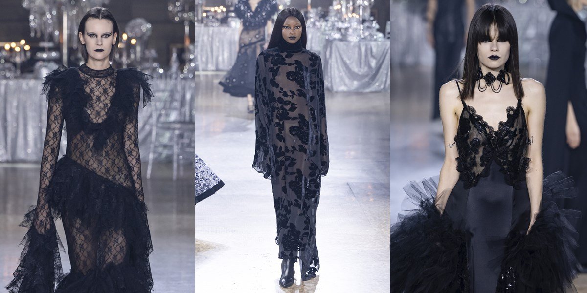 Montagem com três fotos de roupas do desfile da marca Rodarte, na Semana de Moda de Nova York. As modelos usam roupas pretas com renda, em um estilo gótico. - Metrópoles