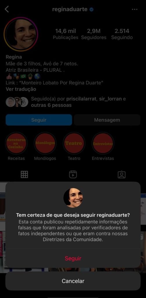 Aviso do Instagram para novos seguidores de Regina Duarte - Metrópoles