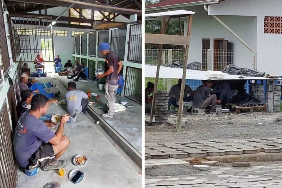 Foto colorida de trabalhadores almoçando em canil em obra da prefeitura de Joinville - Metrópoles