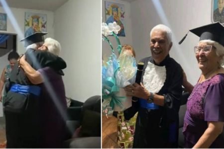 Imagem capturada de um vídeo em que idoso se emociona ao encontrar a mãe após formatura - Metrópoles
