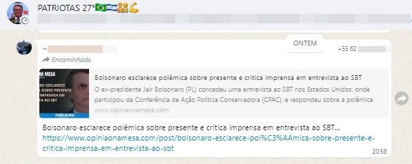 Imagem colorida de print em redes bolsonaristas sobre o caso das joias suposto presente Arábia para Michelle Bolsonaro