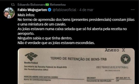 Imagem colorida de print em redes bolsonaristas sobre o caso das joias suposto presente Arábia para Michelle Bolsonaro