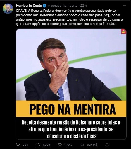 Imagem colorida de parlamentares petistas criticando caso das joias da Arábia Saudita para Michelle Bolsonaro