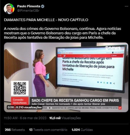 Imagem colorida de parlamentares petistas criticando caso das joias da Arábia Saudita para Michelle Bolsonaro