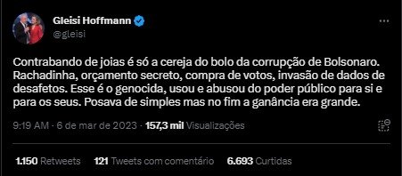 Imagem colorida de parlamentares petistas criticando caso das joias da Arábia Saudita para Michelle Bolsonaro