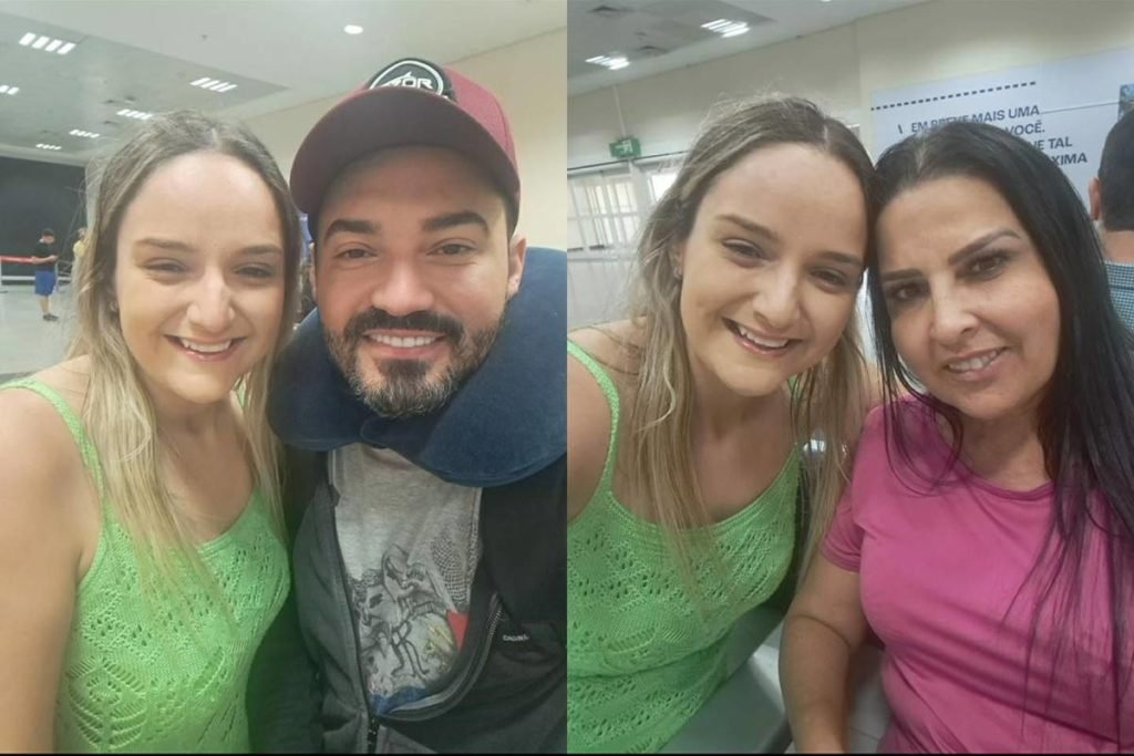 Fotos coloridas de fã com Fernando e mãe de Maiara em aeroporto