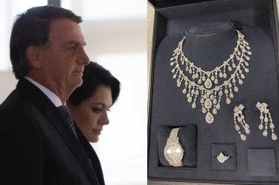 Imagem com montagem mostra Bolsonaro, Michelle e joias - Metrópoles