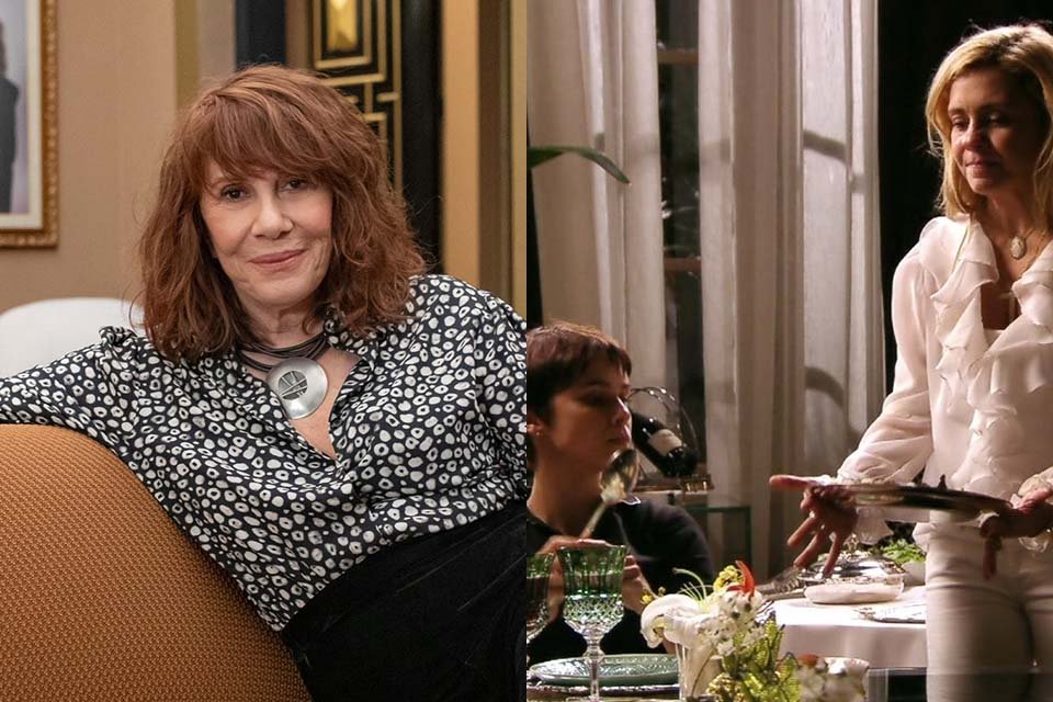 À esquerda, Renata Sorrah como Wilma em Vai na Fé; à direita, Nina (Débora Falabella) e Carminha (Adriana Esteves) em Avenida Brasil - Metrópoles
