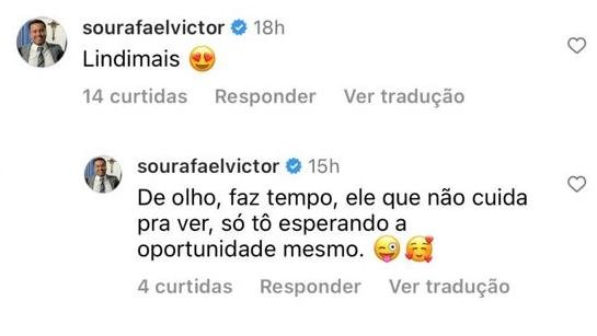 Print colorido de comentário de vereador Rafael Victor em tom de paquera Maiara nas redes sociais