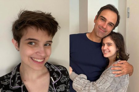 À esquerda, Valentina Schmidt com o novo visual; à direita, Valentina abraça o pai, Tadeu Schmidt - Metrópoles