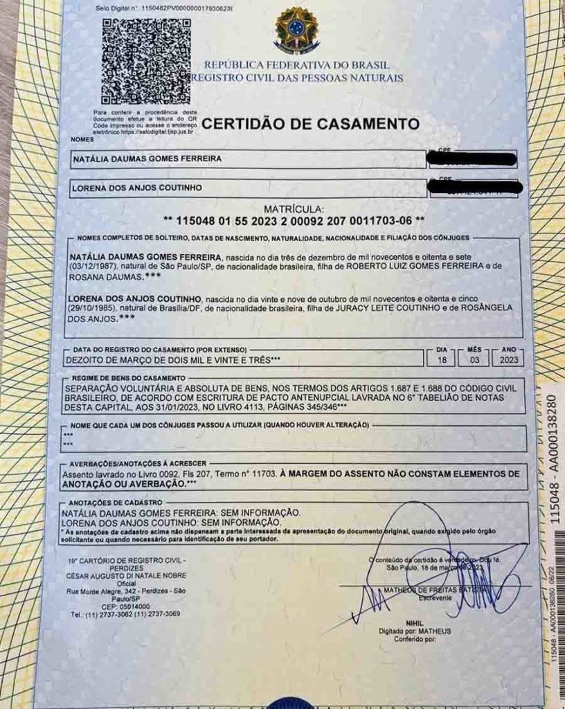 Certidão de casamento de Lorena Coutinho e Natália Daumas - Metrópoles