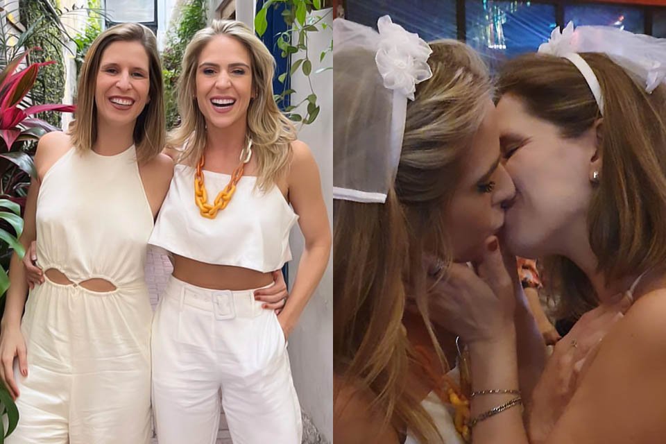 À esquerda, os looks de Natália Daumas e Lorena Coutinho para o casamento civil; à direita, noivas se beijam - Metrópoles