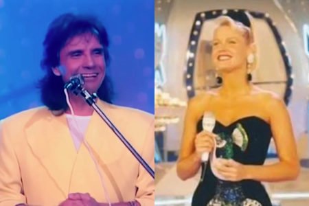 À esquerda, Roberto Carlos no especial da Globo de 1992; à direita, Xuxa Meneghel no Xou da Xuxa, no mesmo ano - Metrópoles