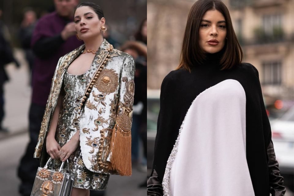 duas fotos coloridas de Gkay na semana de moda de Paris