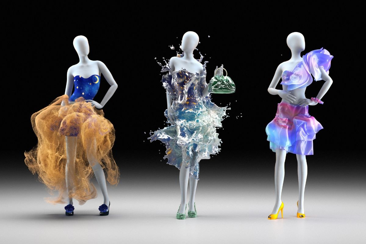 Três manequins com roupas digitais coloridas - Metrópoles