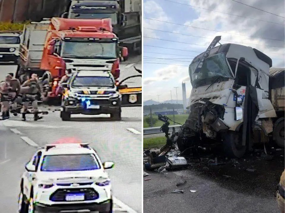 Montagem do acidente de trânsito provocado por um caminhoneiro sob efeitos de drogas em SC - Metrópoles