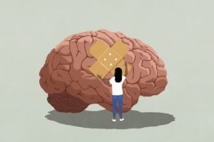 Ilustração de um cérebro com um curativo colocado por uma mulher - Metrópoles
