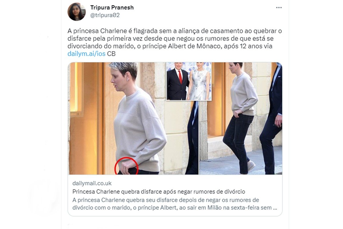 Print de uma postagem no Twitter. O post traz fotos de uma mulher branca, com o cabelo platinado - Metrópoles