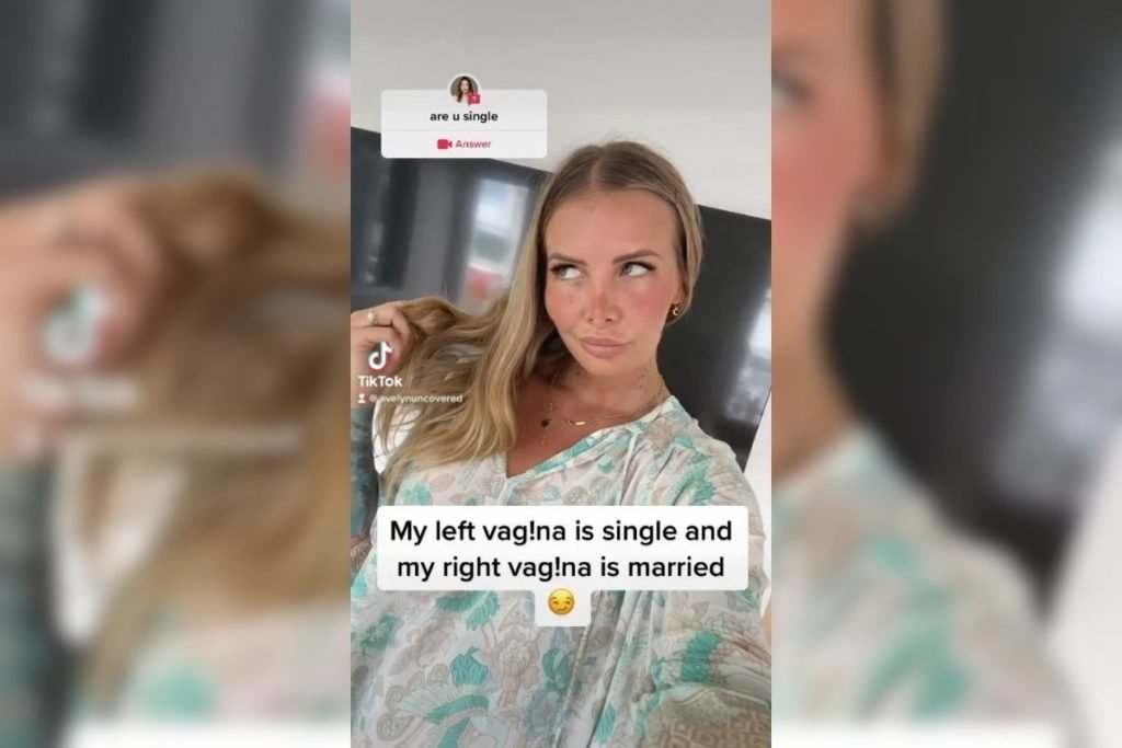 Mulher tirando selfie com legenda que diz que sua agina esquerda é solteira e a vagina direita é casada