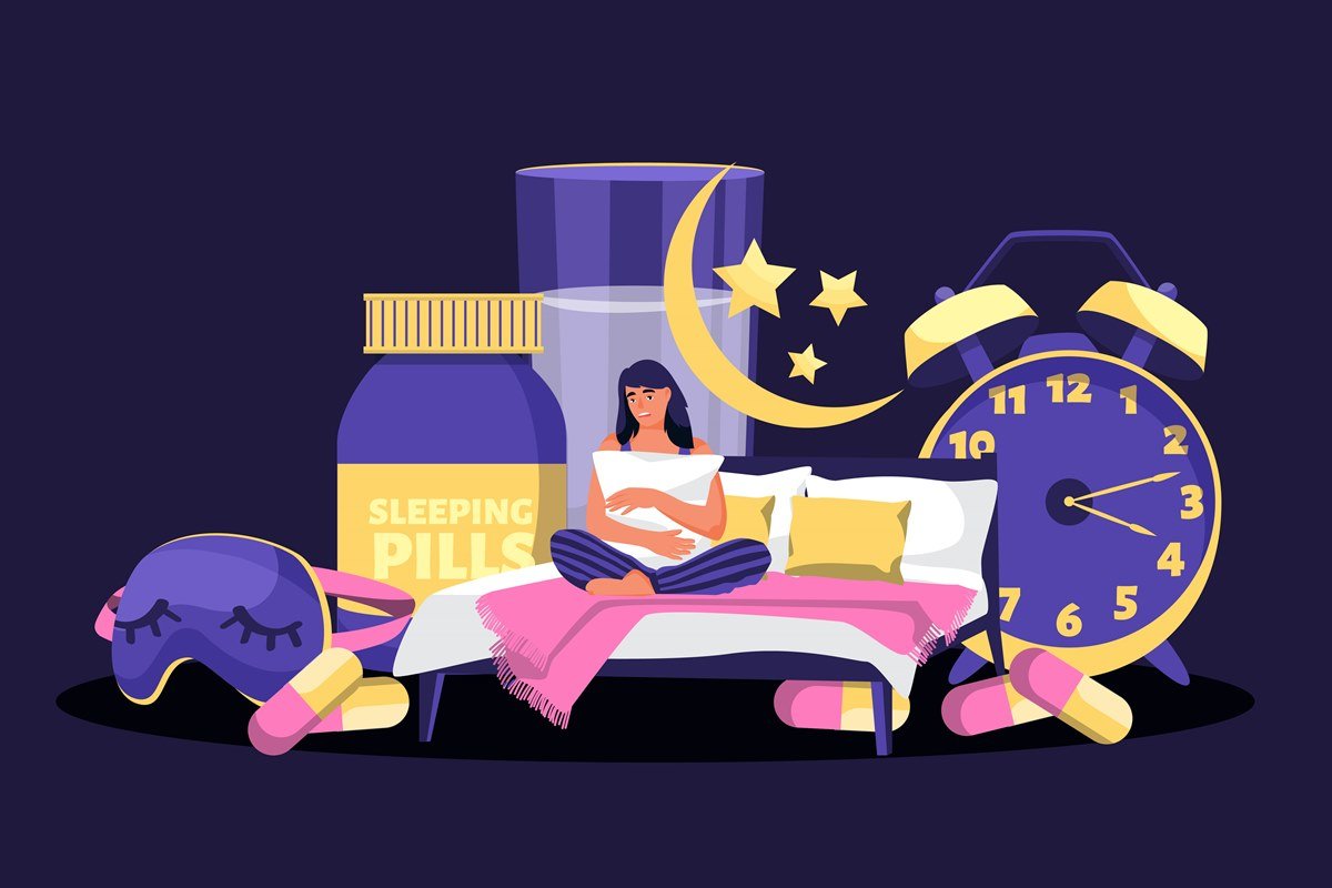 Ilustração colorida em fundo preto mostra mulher sentada em uma cama e cercada de remédios e relógios - Metrópoles