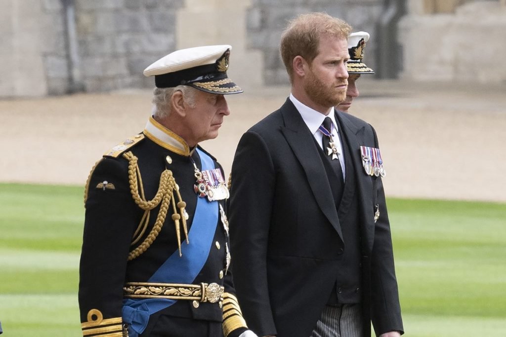 Imagem colorida mostra o rei Charles, um homem branco de cabelos grisalhos, ao lado do filho mais novo, Harry, branco e de cabelos ruivos. Ambos estão usando roupas formais pretas com detalhes dourados - Metrópoles