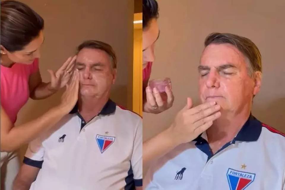 Na imagem, duas fotos do ex-presidente Jari olsonaro fazendo skin care - Metrópoles