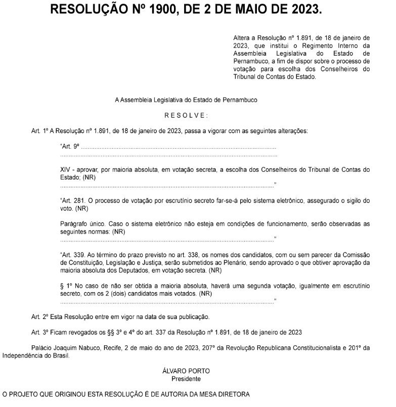 Trecho do Diário Oficial da Alepe mostra resolução para alterar regras de votação para conselheiro do Tribunal de Contas de Pernambuco (TCE-PE)