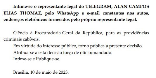 Recorte de decisão do STF com intimação ao representante legal do Telegram, Alan Thomaz