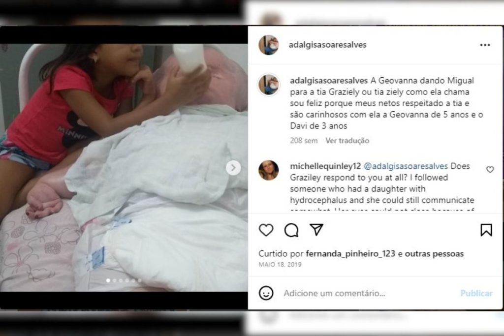 Printscreen colorido de publica&ccedil;&atilde;o em rede social que mostra jovem acamada se alimentando e legenda na lateral