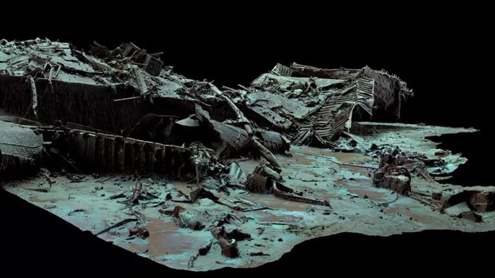 Imagem colorida de um mapeamento 3D do Titanic - Metrópoles