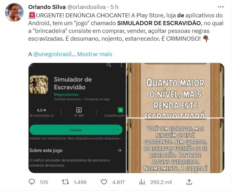 Simulador de escravidão': game com negros em volta de 'senhor' branco e  torturas é removido da loja do Google