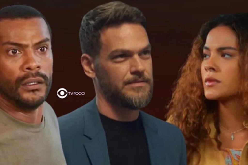 Montagem colorida de Ben (à esquerda), Theo (ao centro) e Jenifer (à direita), personagens da novela Vai na Fé - Metrópoles