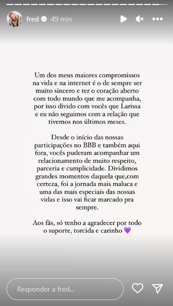 Fred Bruno se pronuncia sobre o fim do namoro com Larissa