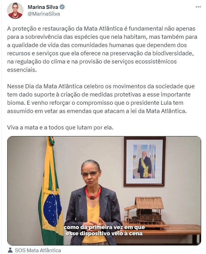 Marina Silva fala sobre veto de Lula à MP da Mata Atlântica 