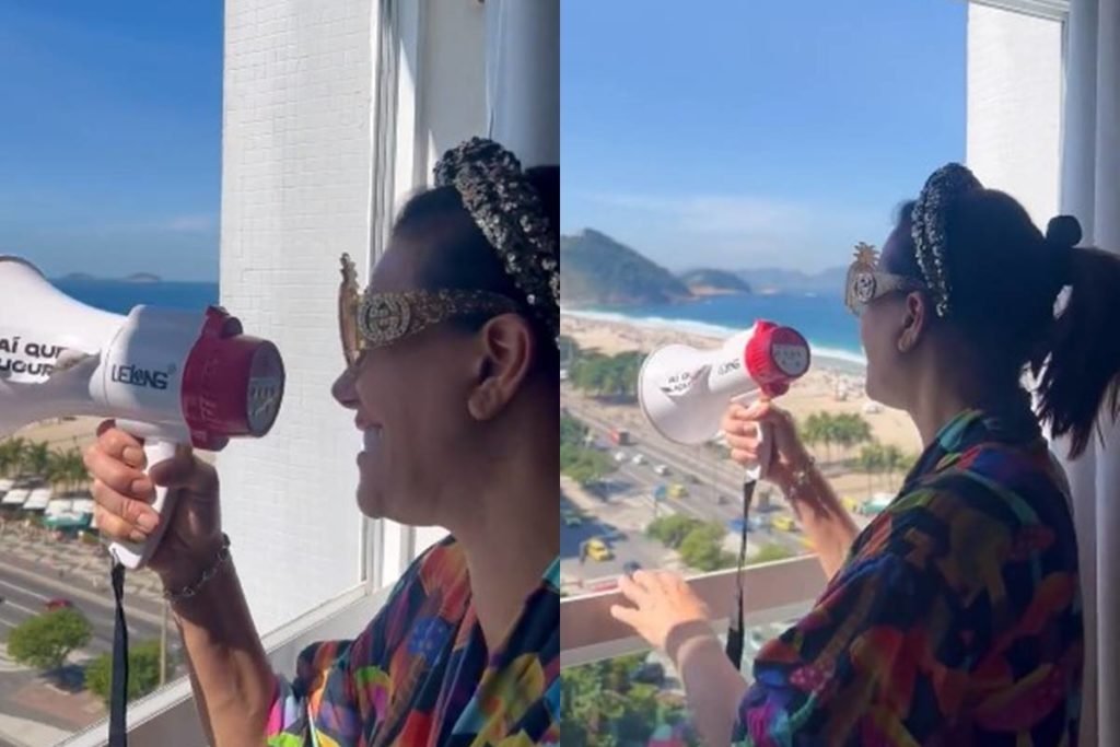 Narcisa usa megafone para falar com Lana Del Rey no Copacabana Palace