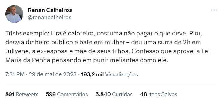 Tweet do senador Renan Calheiros (MDB-AL) sobre Arthur Lira (PP-AL)