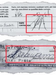 Comparação de assinatura falsa incluída na prestação de contas apresentada pela deputada Carla Zambelli à Justiça Eleitoral