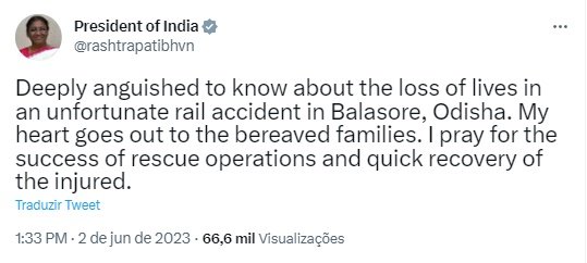 Imagem colorida de print das redes sociais da presidente da Índia - Metrópoles