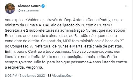 Postagem de Ricardo Salles no Twitter