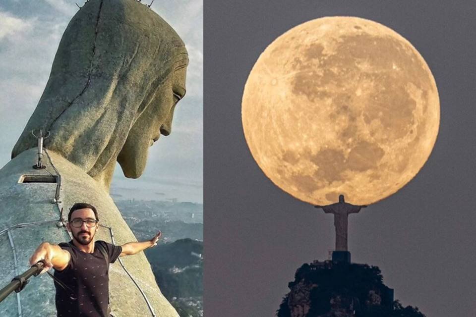 Imagem mostra homem que registou foto da Lua sob os ombros do cristo redentor - Metrópoles