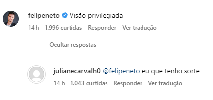 Felipe Neto posta primeira foto com Juliane Carvalho, apontada como affair  do r