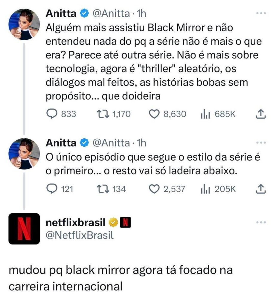 Anitta critica série da Netflix e perfil do serviço de streaming