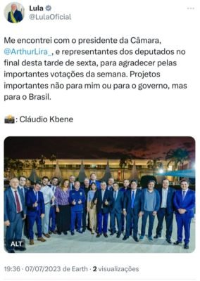 Foto colorida mostra reprodução de tweet do presidente Lula ao lado de deputados federais - Metrópoles