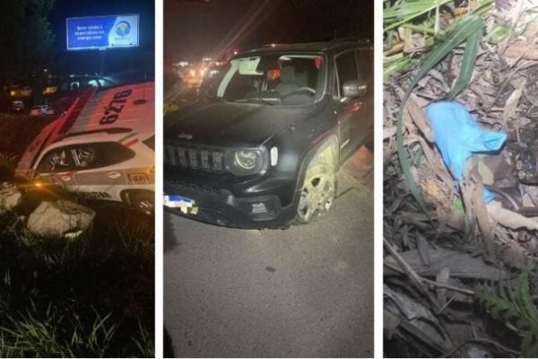 Fotos coloridas mostram carro das vítimas, arma usada pelo criminoso e viatura acidentada da PM