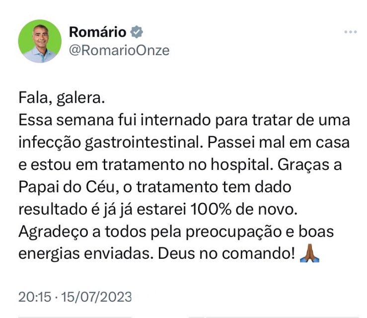 Print da mensagem de Romário nas redes sociais sobre sua internação - Metrópoles