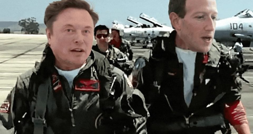 Imagem de meme com Elon Musk e Mark Zuckerberg com roupas de aviadores, em um aeroporto, com aviões ao fundo