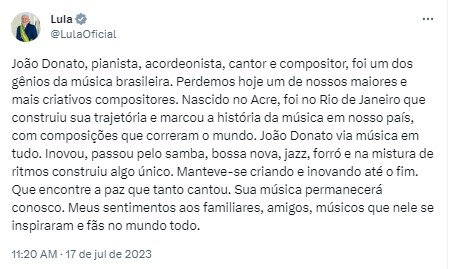 Lula lamenta morte de João Donato: 'da música brasileira